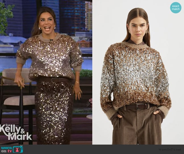 Brunello Cucinelli Dazzling Embroidery sweater worn by Eva Longoria Baston on Live with Kelly and Mark