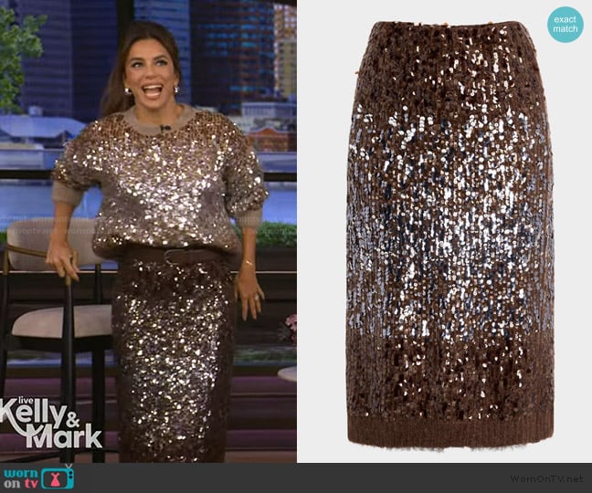 Brunello Cucinelli Degrade Pailette Mohair Knit Midi Skirt worn by Eva Longoria Baston on Live with Kelly and Mark