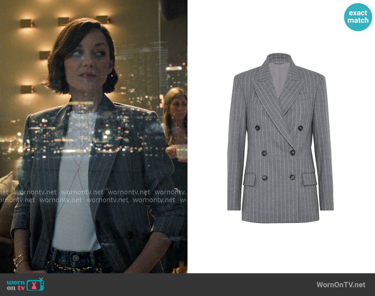 Brunello Cucinelli Pinstripe double-breasted blazer worn by Celine Dumont (Marion Cotillard) on The Morning Show