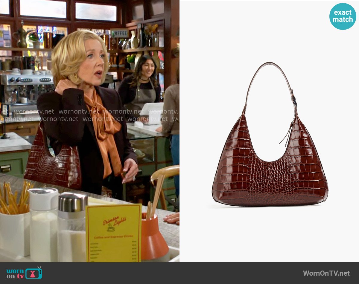 By Far Amber Croc-effect Leather Shoulder Bag in Chocolate worn by Nikki Reed Newman (Melody Thomas-Scott) on The Young and the Restless