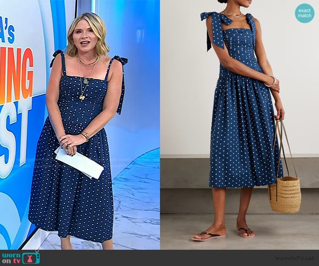 Cara Cara Rahi tie-detailed ruched gathered polka-dot cotton midi dress worn by Jenna Bush Hager on Today