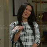 Caroline’s plaid top and bags on Beyond the Gates