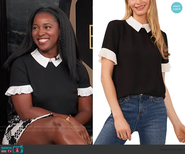 Cece Short Sleeve Color Blocked Collared Blouse worn by Janine Rubenstein on E! News