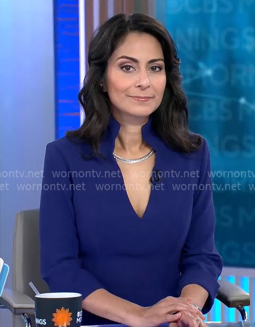 Celine Gounder's blue split-neck dress on CBS Mornings