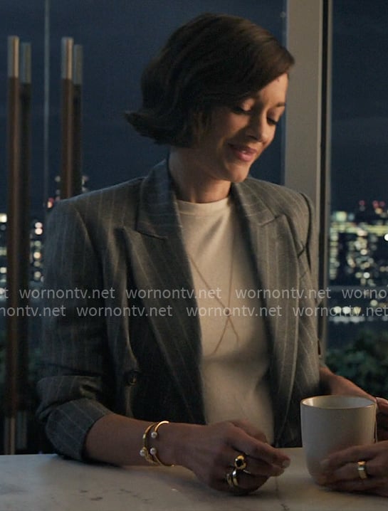 Celine’s grey pinstripe blazer on The Morning Show