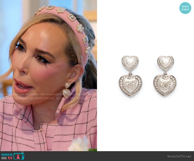 Chanel Silver Pearl & Crystal CC Heart Drop Earrings worn by Marysol Patton (Marysol Patton) on The Real Housewives of Miami