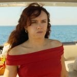 Cherry’s red ribbed off shoulder top on The Girlfriend
