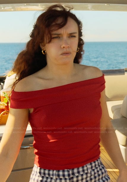 Cherry's red ribbed off shoulder top on The Girlfriend