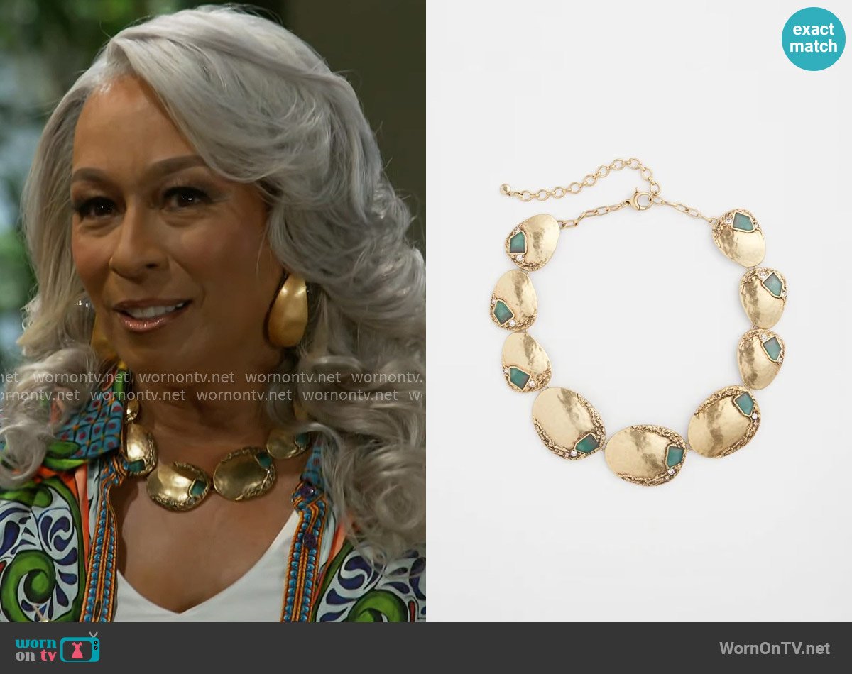 Chicos Aqua & Gold Collar Necklace worn by Anita Dupree (Tamara Tunie) on Beyond the Gates