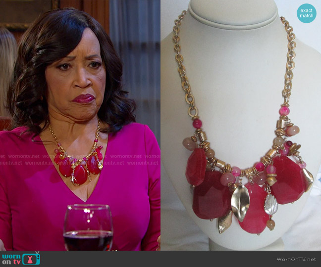 Chico's Pink Glass Slab Mother Of Pearl Gold Plated Statement Necklace worn by Paulina Price (Jackée Harry) on Days of our Lives