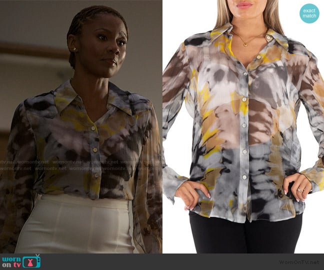 Chloe Multicolor Grey Sheer Button Down Top worn by Jax Stewart (Emayatzy Corinealdi) on Reasonable Doubt