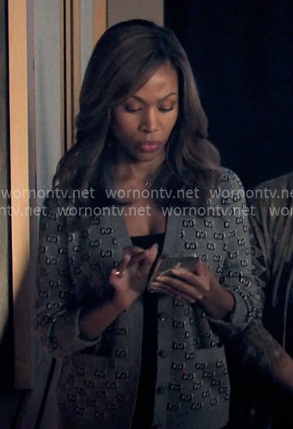 Chris's grey monogram print cardigan on The Morning Show