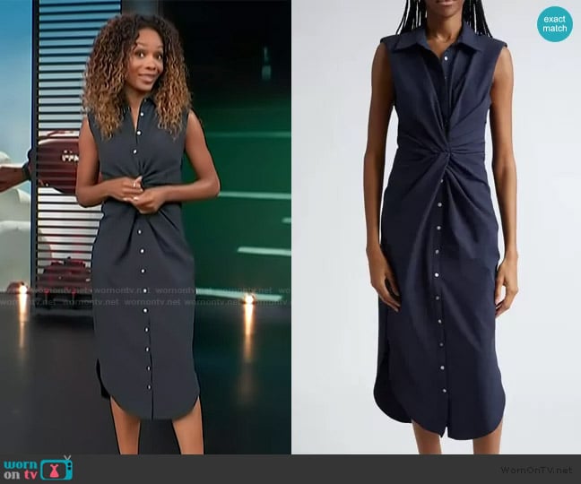 Cinq a Sept Catalina Sleeveless Midi Shirtdress in Navy worn by Zuri Hall on Access Hollywood