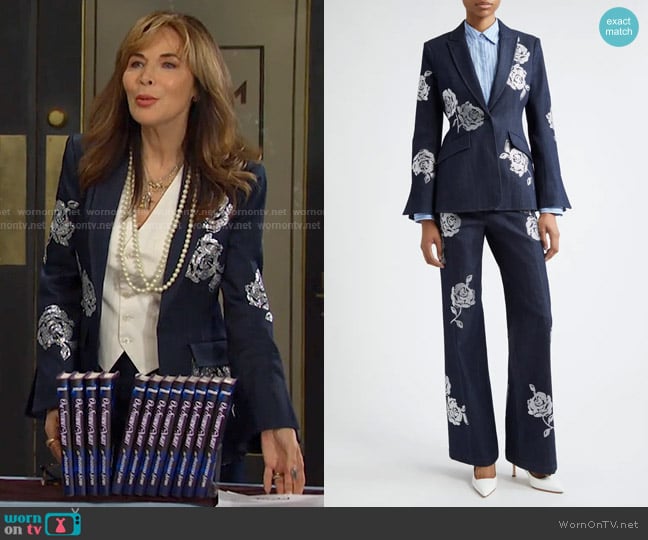 Cinq a Sept Cheyenne Rose Embellished Denim Blazer and Pants worn by Kate Roberts (Lauren Koslow) on Days of our Lives