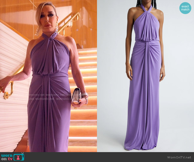 Cinq a Sept Kaily Gathered Drape Halter Maxi Dress in Plum Burst worn by Marysol Patton (Marysol Patton) on The Real Housewives of Miami