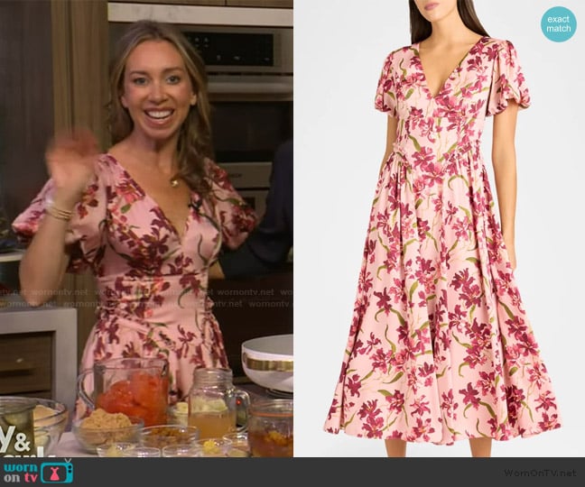 Cinq a Sept Katlin Trailing Hibiscus Midi Dress worn by Shannon Doherty on Live with Kelly and Mark