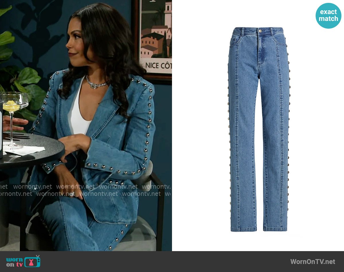 Cinq a Sept Shailene Studded Flare Jeans in Blue Haze worn by Dani Dupree (Karla Mosley) on Beyond the Gates