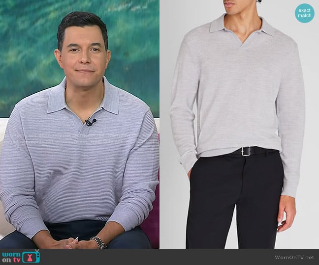 Club Monaco Long-Sleeve Textured Johnny Collar Knit Polo in Light Grey Mix worn by Tom Llamas on Today