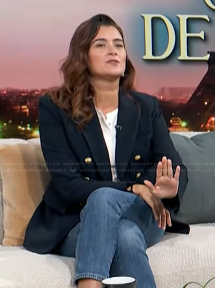 Cote de Pablo’s navy double breasted blazer on Access Hollywood