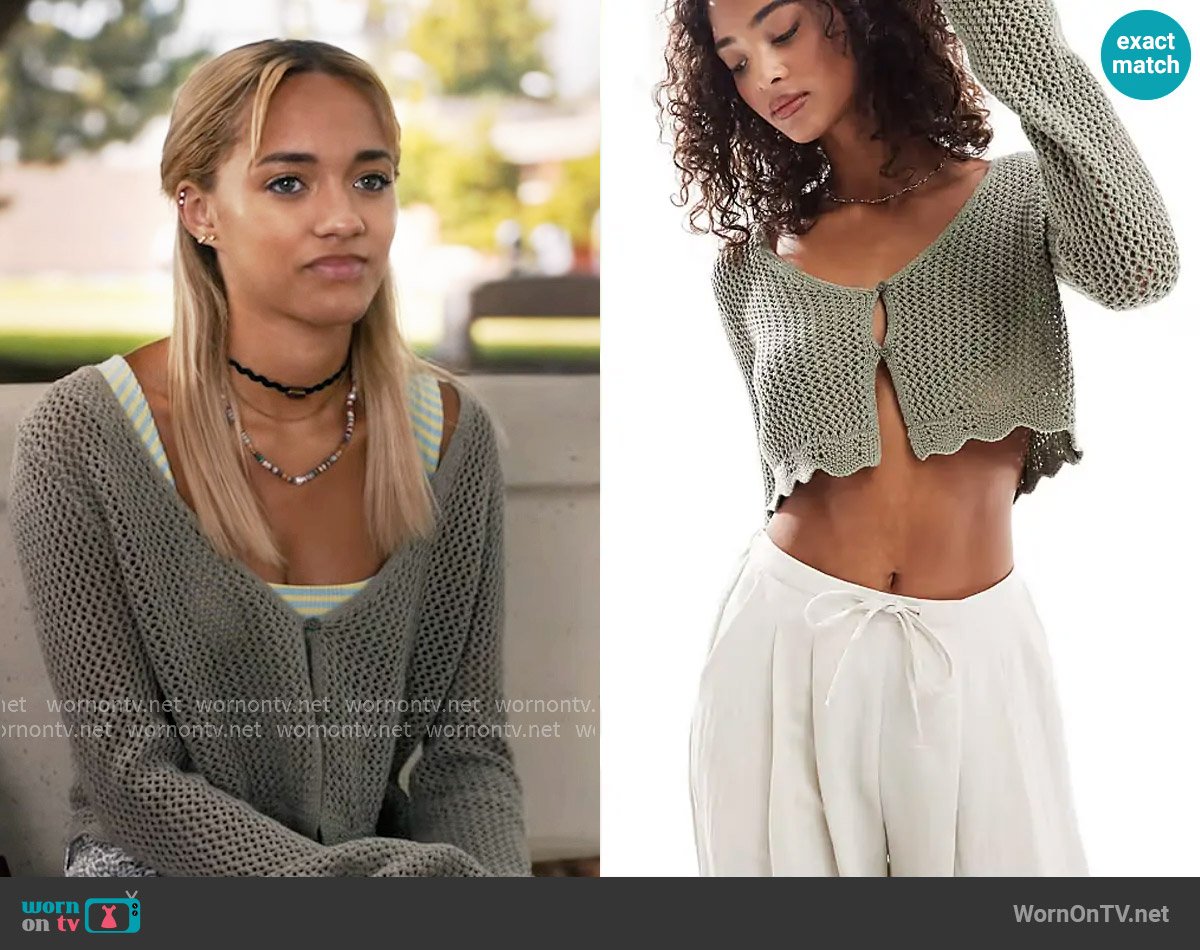 Cotton On Crochet Scallop Cardigan in Artichoke worn by Ava (Amirah J) on High Potential