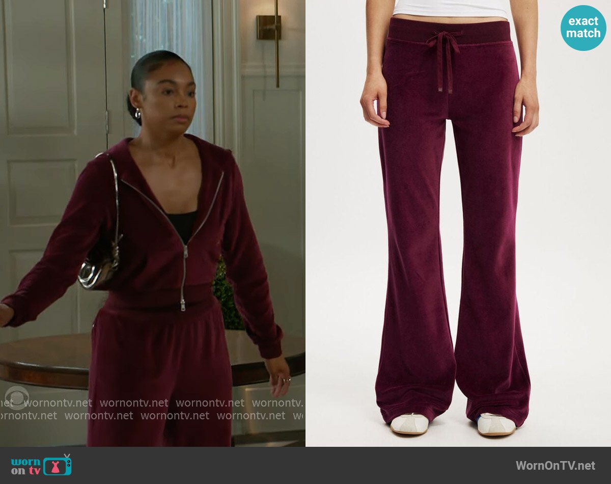 Cotton On Velour wide leg pants in rich plum worn by Chelsea Hamilton (RhonniRose Mantilla) on Beyond the Gates
