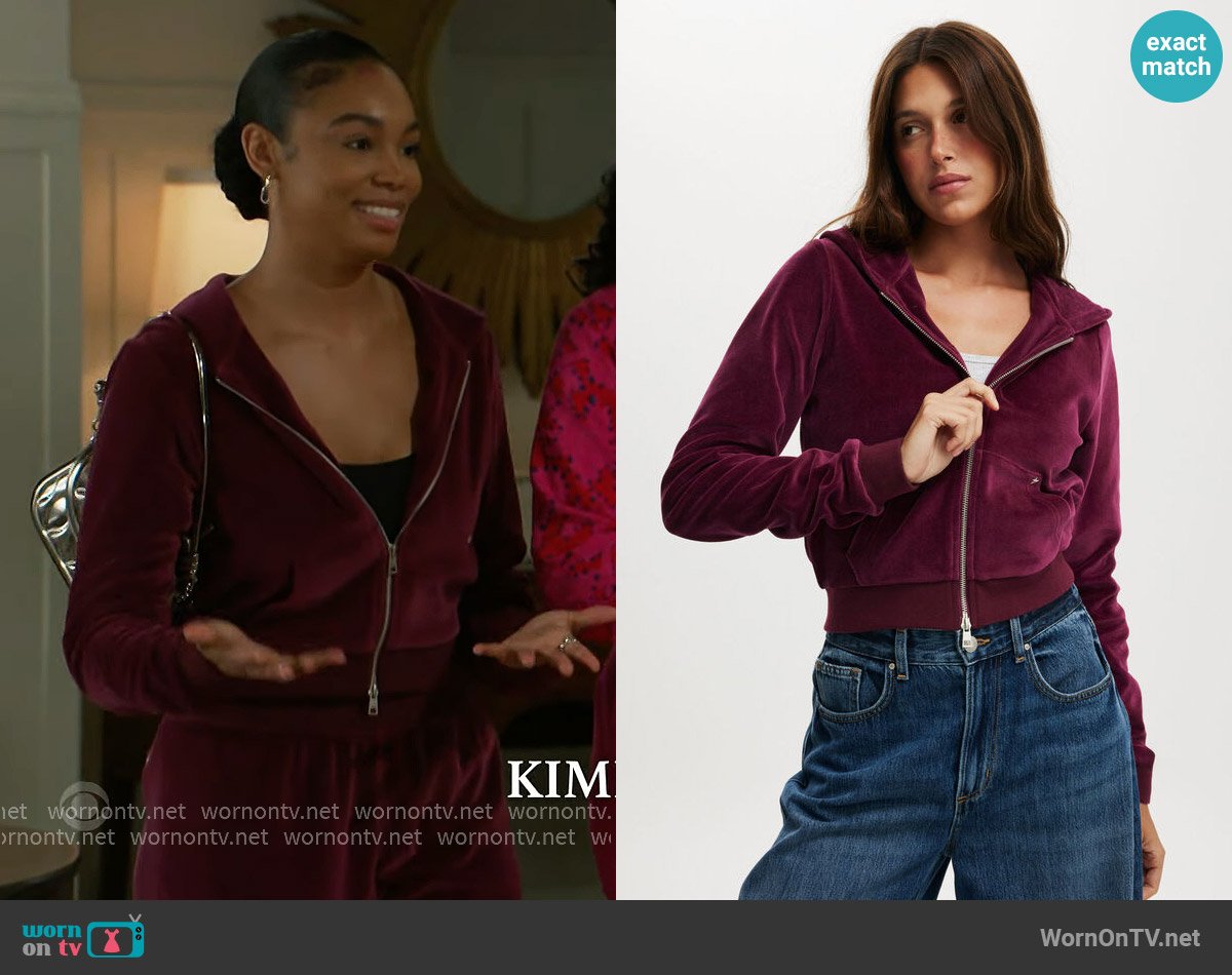 Cotton On Velour zip up hoodie in rich plum worn by Chelsea Hamilton (RhonniRose Mantilla) on Beyond the Gates