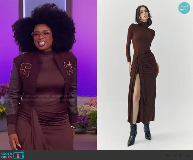 Create Out of Love Chocolate Brown Cropped Letterman Jacket worn by Jennifer Hudson on The Jennifer Hudson Show