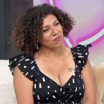 Damona’s black printed ruffle dress on Access Hollywood