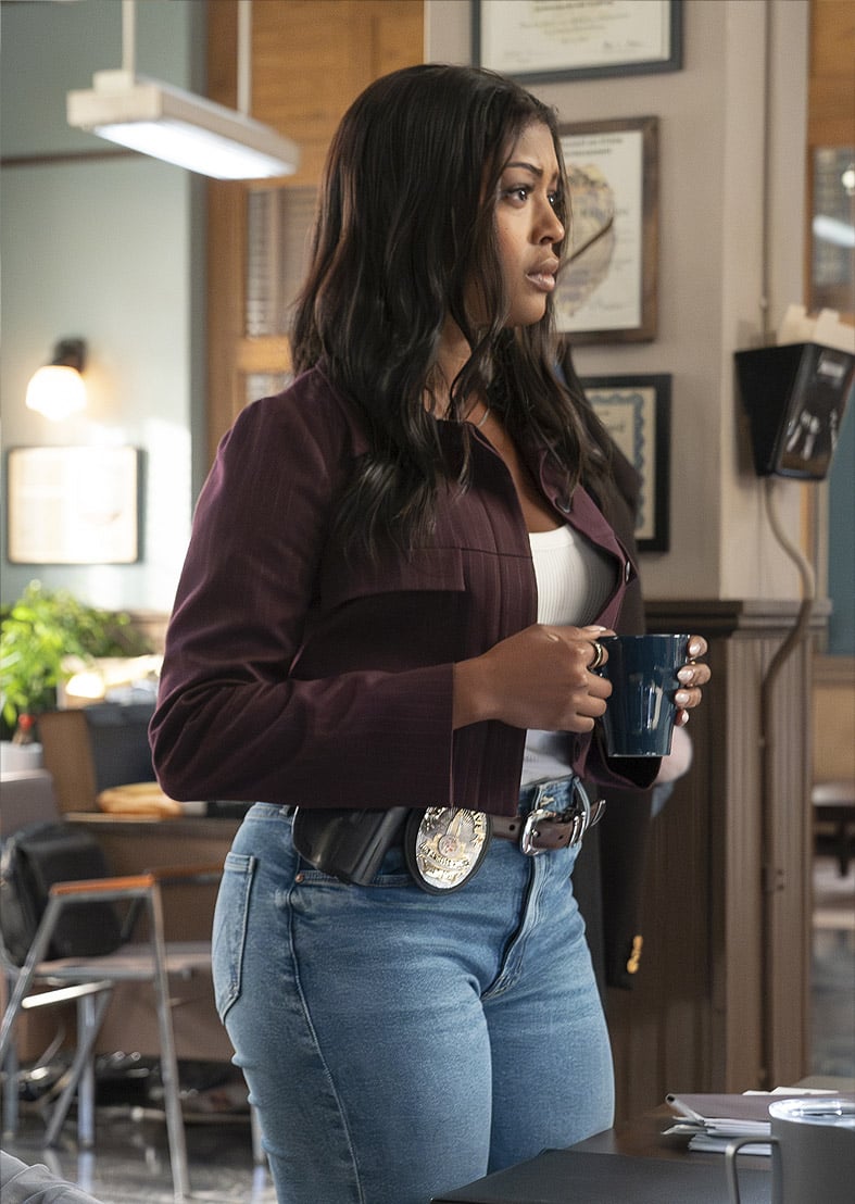 Daphne's burgundy pinstripe jacket on High Potential