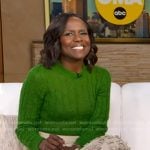 Deborah’s green sweater and beige applique skirt on Good Morning America