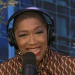 Deja Vu’s printed tie neck dress on Live with Kelly and Mark
