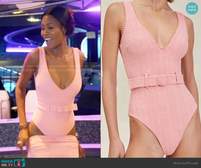 Devon Windsor Dixie Full One Piece in Pink Tweed worn by Kiki Barth (Kiki Barth) on The Real Housewives of Miami