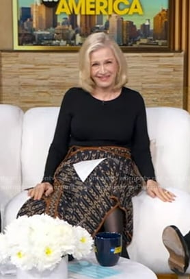 Diane Sawyer's navy print wrap skirt on Good Morning America