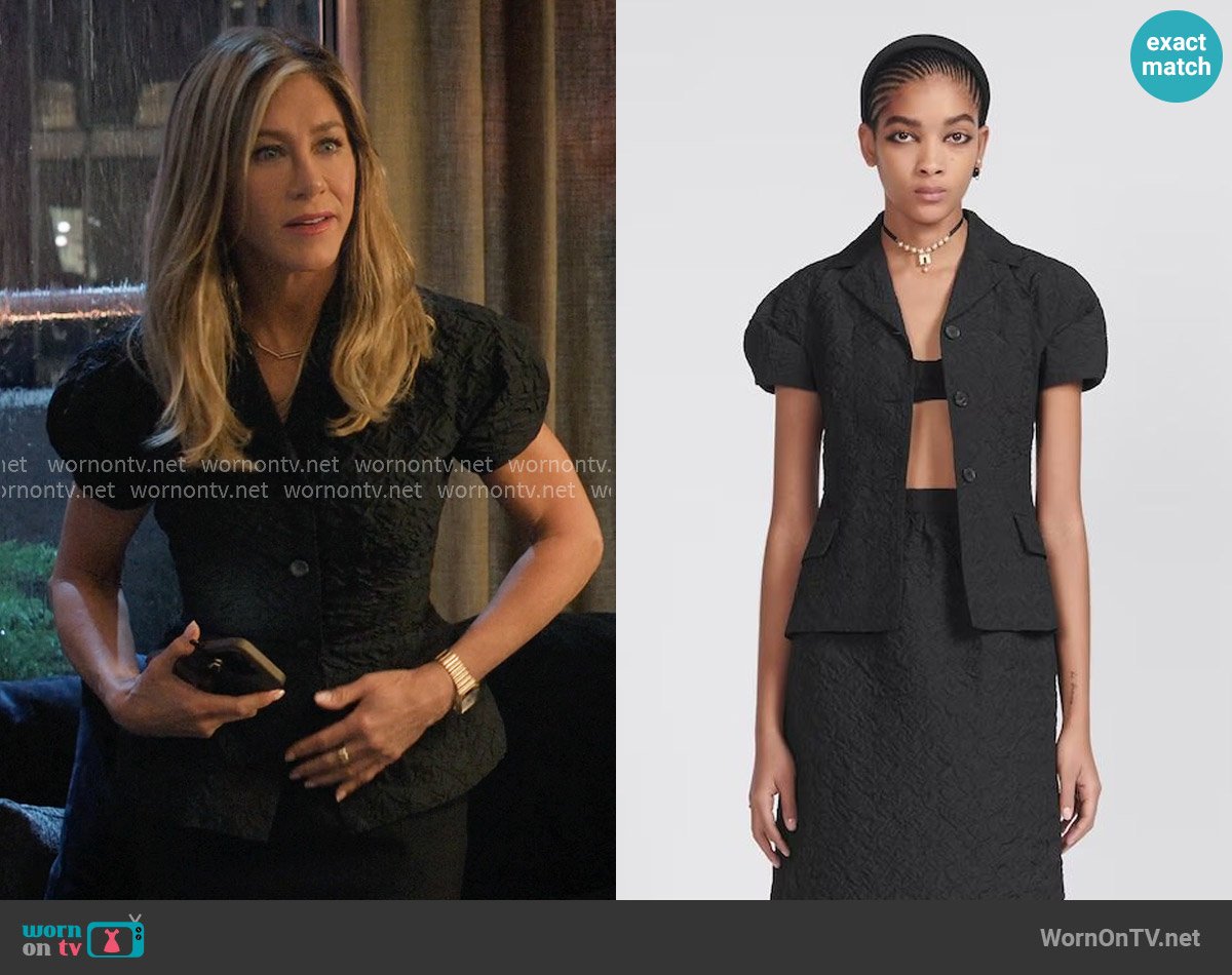 Dior Fitted Jacket with Puff Sleeves Black Cloqué-Effect Technical Jacquard worn by Alex Levy (Jennifer Aniston) on The Morning Show
