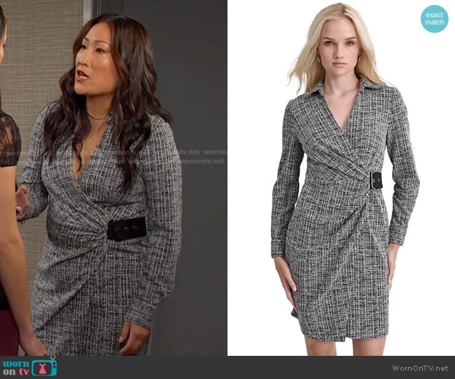 DKNY Collared Faux-Wrap Long-Sleeve Dress worn by Melinda Trask (Tina Huang) on Days of our Lives