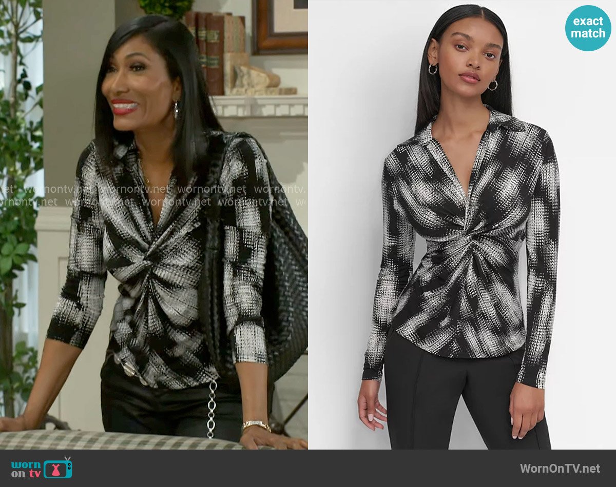 DKNY Twist-Front Collared Abstract-Print Top worn by Dana 'Leslie' Thomas (Trisha Mann-Grant) on Beyond the Gates