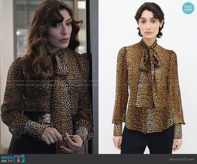 Dolce & Gabbana Printed Neck Tie Silk Blouse in Brown worn by Esmeralda Grand (Sabrina Impacciatore) on The Paper