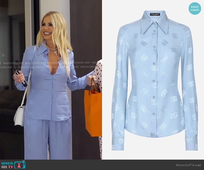 Dolce & Gabbana Silk Jacquard Shirt with All-over DG Logo in Light Blue worn by Alexia Echevarria (Alexia Echevarria) on The Real Housewives of Miami