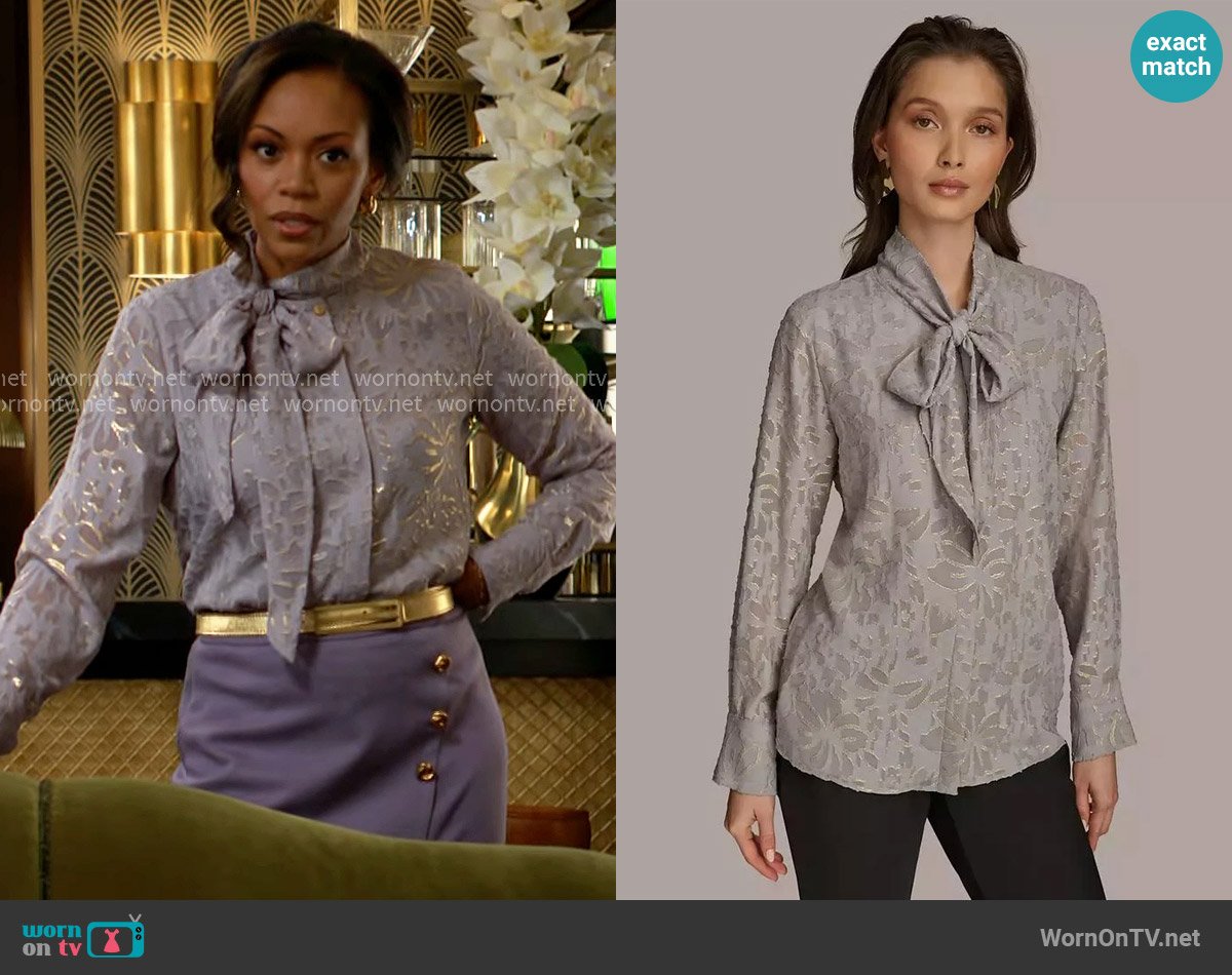 Donna Karan Metallic Floral Tie-Neck Blouse worn by Amanda Sinclair (Mishael Morgan) on The Young and the Restless