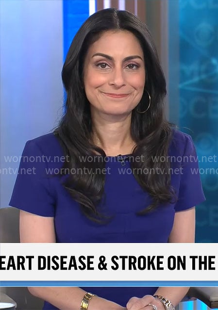 Dr. Celine Gounder's purple short sleeve dress on CBS Mornings