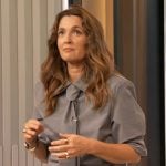 Drew’s gray tie neck top and pants on The Drew Barrymore Show