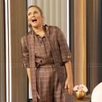 Drew’s brown check print tie neck blouse and pants on The Drew Barrymore Show