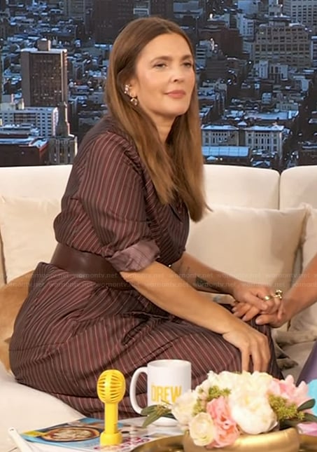 Drew’s burgundy striped top and pants on The Drew Barrymore Show