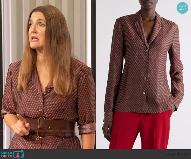 Dries Van Noten Diagonal Stripe Tailored Button-Up Shirt worn by Drew Barrymore on The Drew Barrymore Show