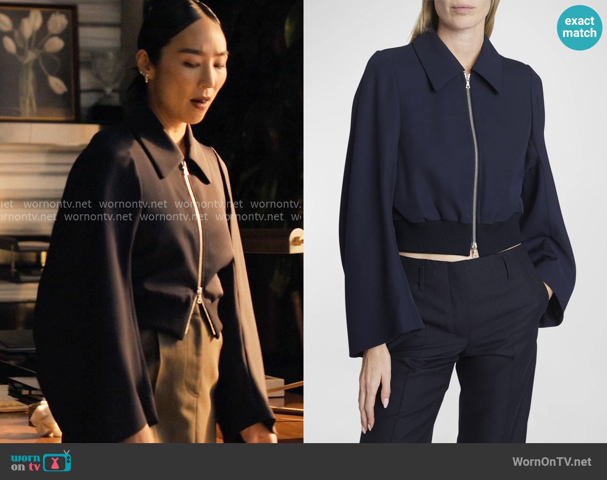 Dries van Noten Volendo Collared Crop Bomber Jacket worn by Stella Bak (Greta Lee) on The Morning Show
