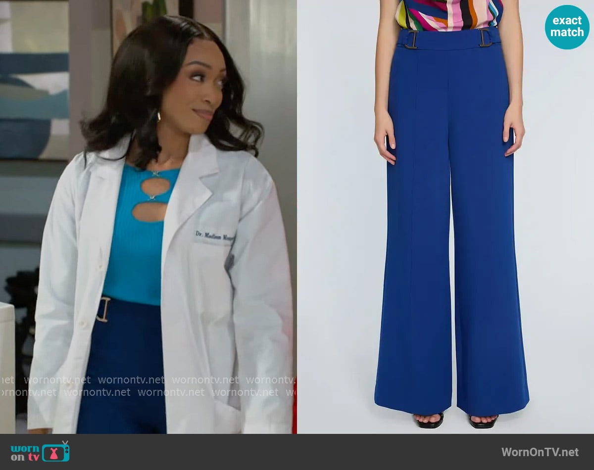 Elie Tahari The Inez Buckle Detail Wide Leg Pants in Daphne Blue worn by Madison Montgomery (Kenjah) on Beyond the Gates