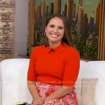 Elizabeth’s red knit collared sweater and paisley print skirt on Good Morning America