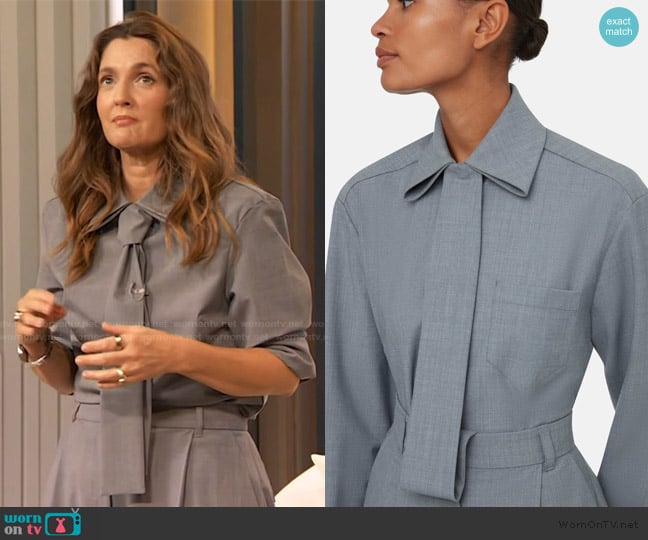 Emilia Wickstead Placket Tie in Grey Summer Wool worn by Drew Barrymore on The Drew Barrymore Show