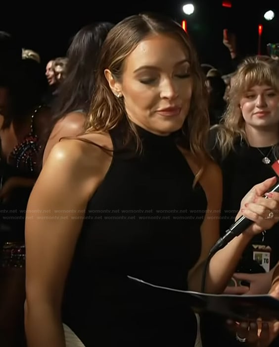 Emily's black colorblock ruched dress on Access Hollywood