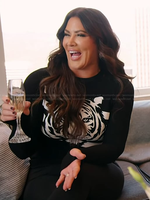 Emily's black tiger graphic sweater on The Real Housewives of Orange County